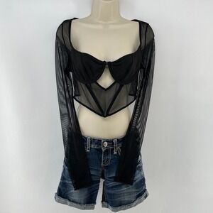 Y2K Sheer Mesh Cutout Crop Top XS Black Glam Club Night Out Baddie Underwire